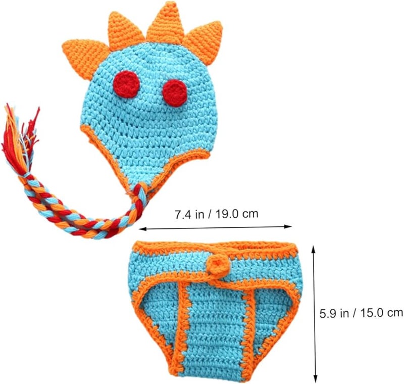 Newborn Dinosaur Costume Set 2pcs Blue with Orange Horns Photo Prop - Image 2